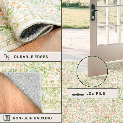 Non Slip Beige Green Bathroom Runner Rug - Long Runner Rugs 24 x 72 Washable Kitchen Floor Mat, Laundry Room Rug, Hallway Runner - Vintage Floral Design Décor (2x6 Beige Green)