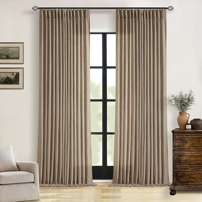 Pleated Linen Curtains 96 Inches Long for Living Room 2 Panel Set Semi Sheer Light Filtering Pinch Pleat with Rings Hooks Drapes Boho Farmhouse Rustic Light Brown Tan Latte Curtain Bedroom Window