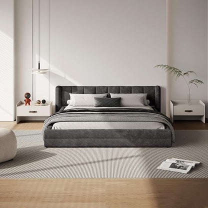 DEINPPA Queen Size Bed Frame with Cloud Soft Headboard, Chenille Upholstered Grounded Wood Base Bed Frame, No Box Spring Needed-Dark Grey