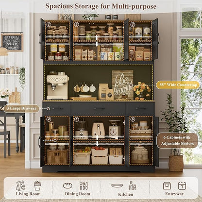 HOSTACK 71" Tall Pantry Cabinet with Charging Station, 55" Wide Kitchen Pantry Storage Cabinet with Countertop, Large Kitchen Hutch with Storage Drawers and Doors for Dining Room, Living Room, Black