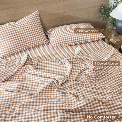 MooMee Gingham Duvet Cover Set 100% Washed Cotton Linen Like Textured Breathable Durable Soft Comfy Modern Checkered Design (Dark Orange Gingham, Super Queen 90"x98")