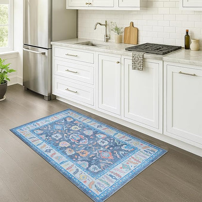 Fame Rugs Blue Modern Oushak Rug 9x12, Vintage Turkish Colorful Oriental Washable Antique Inspired Oversize Area Rugs, Luxury Living Room Bedroom (386PBL, 9' x 12) (387BNB, 9' x 12)