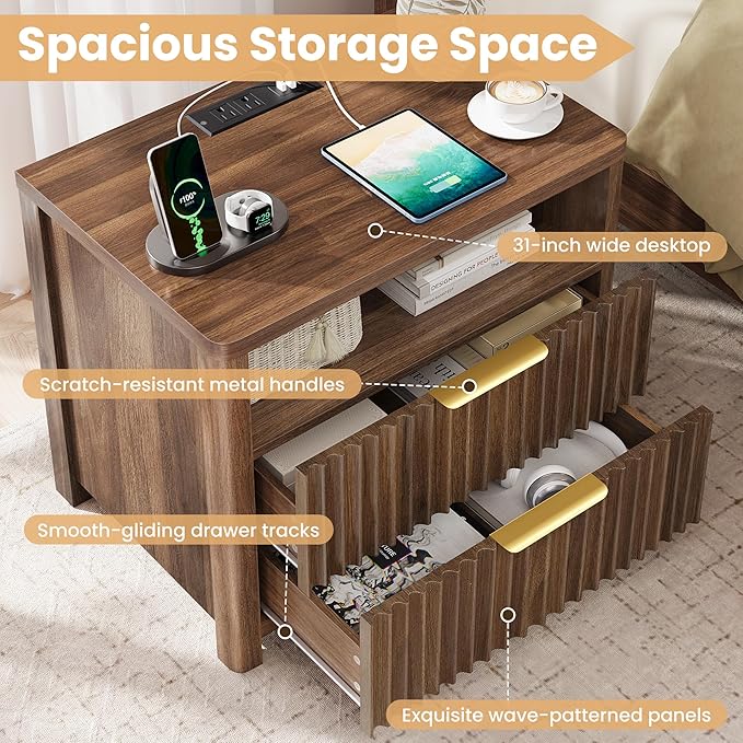 CypBed Night Stand with Charging Station, Bedside Tables with 2 Drawers & Storage Shelf, Wood Fluted Nightstand with Rounded Corner Design, Modern End Table for Bedroom, Easy Assembly