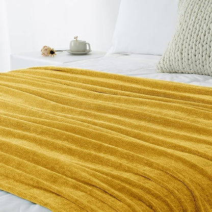 Chenille Throw Blanket for Couch 60"X 80" Twin, Soft Cozy Throws with Fringe Tassel for Bed Sofa Chair Cover, Lightweight Knitted Decorative Boho Blankets for Living Room, Yellow