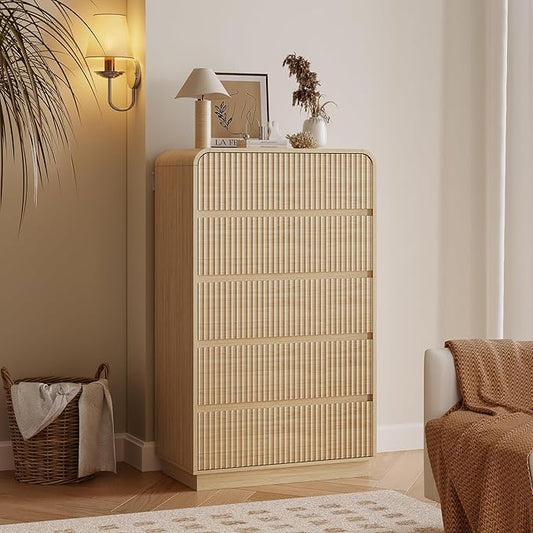 Tall Dresser for Bedroom with 5 Drawers, Fluted Chest of Drawers with Round Curved Corner, Hidden Handles, Modern Wood Storage Organizer for Bedroom, Nursery, Living Room