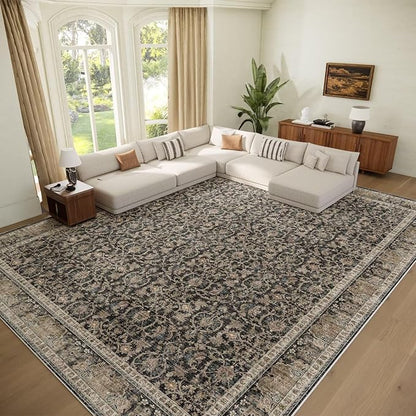Washable 10x14 Area Rugs for Living Room, Boho Non-Slip Vintage Distress Large Rugs for Bedroom Dining Room Office, 0.3" Neutral Oriental Throw Thin Carpet, Black/Brown/Blue/Multi