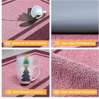 Kitchen Rugs 24" x 36", Non-Slip Machine Washable Kitchen Runner Rugs Floor Mats, Absorbent Comfort Standing Mats for Kitchen, Sink, Laundry and Hallway, Pink & Burgundy Red