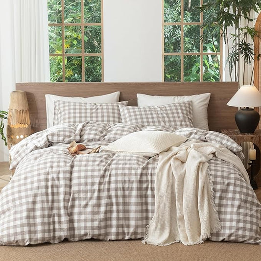 MooMee Gingham Duvet Cover Set 100% Washed Cotton Linen Like Textured Breathable Durable Soft Comfy Modern Checkered Design (Buffalo Plaid Tannish Linen Grey, Oversized Full 82"x86")