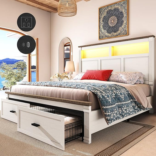 Queen Size Bed Frame with 53" Tall Headboard, Farmhouse Platform Bed Frame with Roman Column Decoration Footboard & 2 Storage Drawers, LED Built in Charging Station, No Box Spring Needed（Rust White)