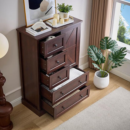 SOOWERY Dark Cherry Dresser for Bedroom, 5 Drawer Farmhouse Wood Dressers with Double Storage Cabinet, 48 Inches Tall Chest of Drawers for Bedroom, Living Room, Hallway