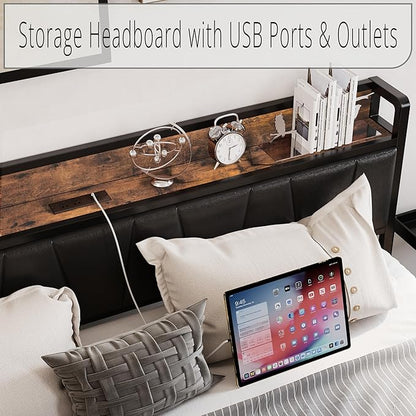 LIKIMIO King Bed Frame, Storage Headboard with Charging Station, Solid and Stable, Noise Free, No Box Spring Needed, Easy Assembly (Vintage and Black)