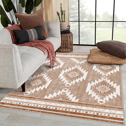 5x7 Area Rugs - Ultra-Thin Washable Rug with Non-Slip Backing, Ideal for Living Room, Bedroom, Kitchen Floor Carpet - Western Style, Easy Clean, Durable, Camel