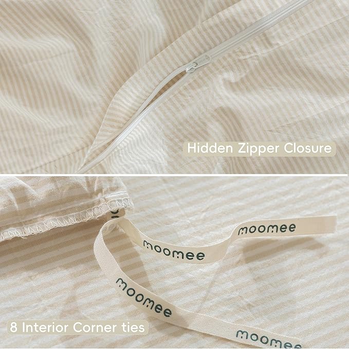 MooMee Striped Duvet Cover Set 100% Washed Cotton Linen Like Textured Breathable Durable Soft Comfy (Almond Milk Grey Pinstripes, Queen 90"x90")