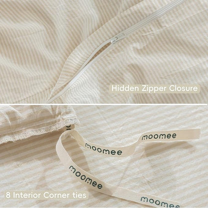 MooMee Striped Duvet Cover Set 100% Washed Cotton Linen Like Textured Breathable Durable Soft Comfy (Almond Milk Grey Pinstripes, King 104"x90")