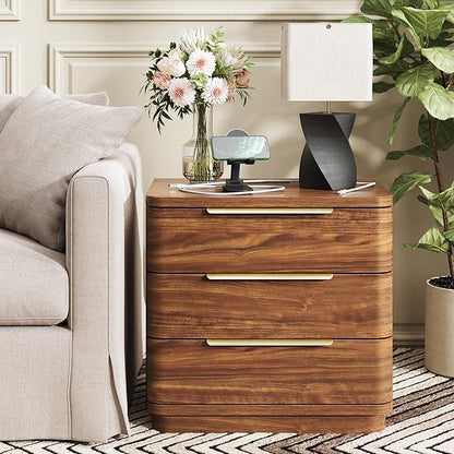 Nightstand Bedside Table with 3 Storage Drawers, 24" Tall Wood Night Stand with Charging Station, Modern Wide End Table Side Table W/Metal Handle Curved Profile for Bedroom