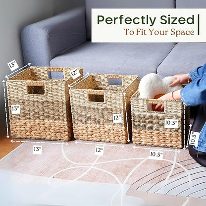 11 Inch Cube Storage Bins, Wicker Storage Baskets for Cube Shelf, Natural Foldable Square Baskets for Storage, Large Woven Storage Bin with Handle, Baskets for Pantry, Living Room Set of 4