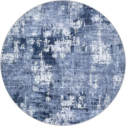 8ft Round Area Rug Living Room Rugs - 8x8 Washable Large Soft Indoor Neutral Modern Abstract Low Pile Rug Carpet for Bedroom Dining Room Farmhouse Home Office - Navy Blue
