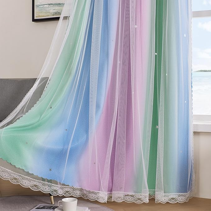 XiDi Blue & Rainbow Curtains for Kids & Girl Rooms - Blackout, Unicorn Wall Decals, 34x84 Inch, 1 Panel