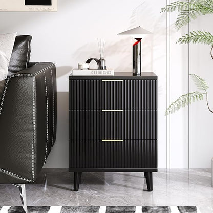 Fluted Night Stand Set of 2 with USB Charging Station, 3-Drawer Dresser Black Wood Modern Night Stand Bedside Table with Quiet Drawers & Large Storage End Table for Bedroom