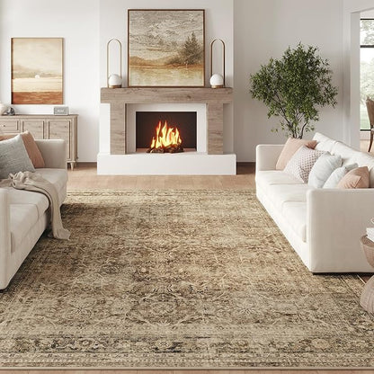 FMFUNCTEX 6x9 Washable Area Rug Brown Vintage Neutral Distressed Large Non Slip Carpet for Living Room Bedroom Soft Low Pile Indoor Mat Retro Floral Throw Rug for Dining Room Kitchen Office Nursery