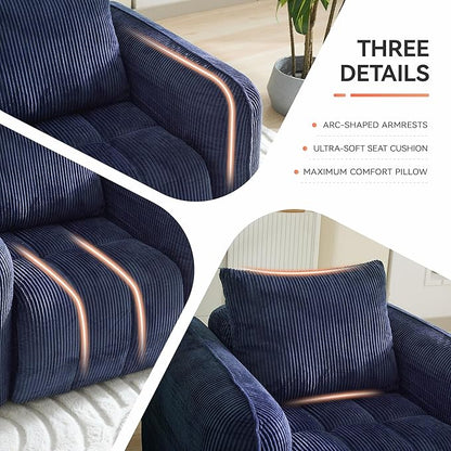 Corduroy Boneless Living Room Sets, Modern Upholstered 3 Seater Sofa with 2 Signle Accent Chairs, Comfy Deep Seat Cloud Sofa Couch Sets for Living Room, Navy