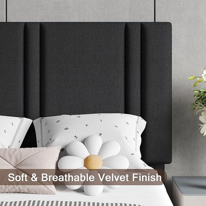 Upholstered Twin Size Bed Frame with Linen Fabric Headboard, Strong Wooden Slats Support, Noise Free, No Box Spring Needed, Black