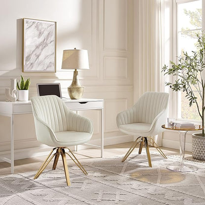 Zouron Mid Century Modern Swivel Accent Chair with Gold Metal Legs, Upholstered Swivel Chair No Wheels, Side Accent Arm Chair Vanity Chair for Small Space Home Office Living Room Bedroom, Off White