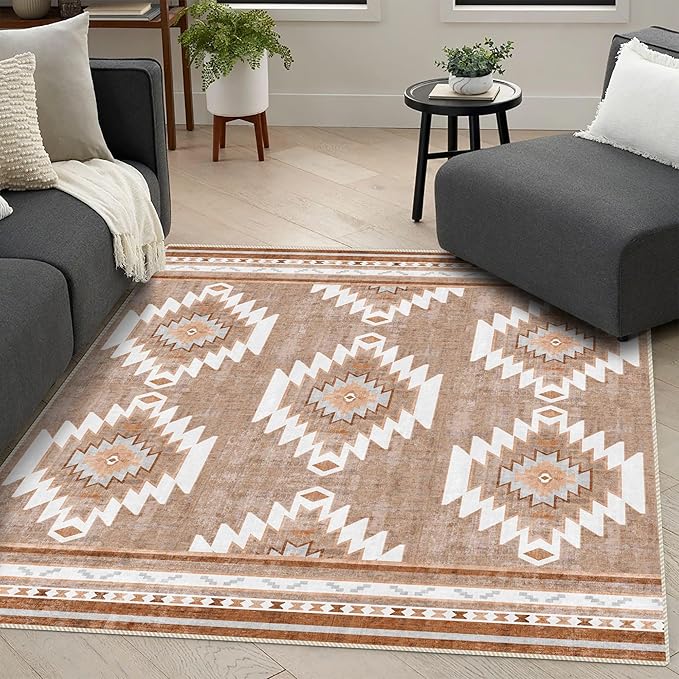 5x7 Area Rugs - Ultra-Thin Washable Rug with Non-Slip Backing, Ideal for Living Room, Bedroom, Kitchen Floor Carpet - Western Style, Easy Clean, Durable, Camel