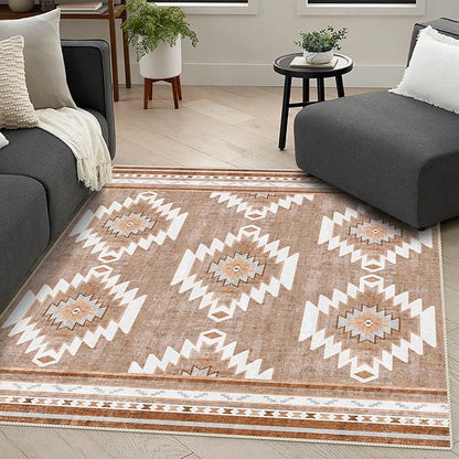 5x7 Area Rugs - Ultra-Thin Washable Rug with Non-Slip Backing, Ideal for Living Room, Bedroom, Kitchen Floor Carpet - Western Style, Easy Clean, Durable, Camel