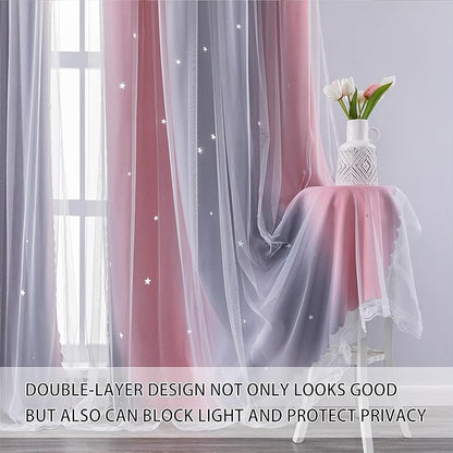 XiDi Dream Star Blackout Curtains for Kids Rooms Girl Princess Curtain for Daughter Bedroom Window (Pink Grey, W52 X L96)