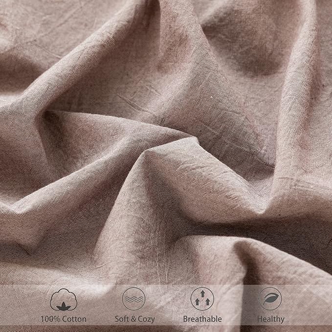 MooMee Fitted Bottom Sheet Only 100% Washed Cotton Linen Like Textured Breathable Durable Soft Comfy Deep Pocket Fits Mattress up to 17" (Mauve Brown, Twin)