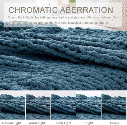 Chunky Knit Throw Blanket 60"X 80", 100% Handmade with Soft Chenille Yarn, 6.7lbs Thick Cable Knitted Blankets, Large Rope Knot Crochet Throws for Couch Sofa Bed Home Decor, Mineral Blue