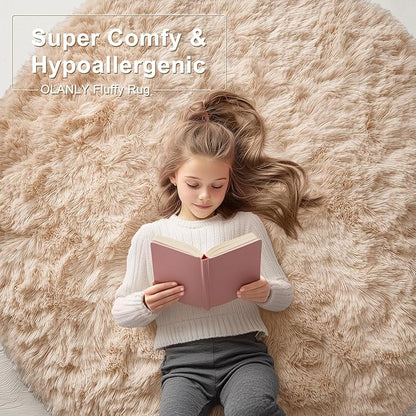 OLANLY Beige Round Rugs for Bedroom - Machine Washable, 5 ft Circle Area Rugs for Living Room, Soft and Fluffy Shaggy Carpet for Teen Girls and Boys, Nursery Rooms, Dorms, Home Decor Aesthetic