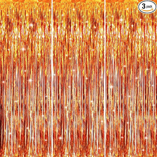 GOER 3.2 ft x 8.2 ft Metallic Tinsel Foil Fringe Curtains Party Photo Backdrop Party Streamers for Birthday,Graduation,New Year Eve Decorations Wedding Decor (3 Packs,Orange)