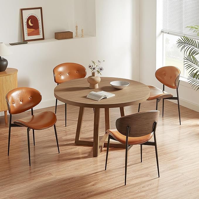 Art Leon Mid Century Modern Dining Chairs, Set of 2, Faux Leather Kitchen Dining Room Chairs, Armless Accent Chairs with Metal Legs, Gray Oak/Brown