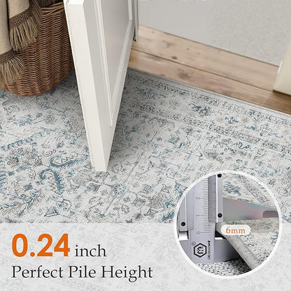 Blue 2x3 Entryway Rug Vintage Area Carpet Indoor Kitchen Washable Door Mat Entrance Small Low Pile Traditional Distressed Retro Accent Throw Rug Non Slip Office Bathroom