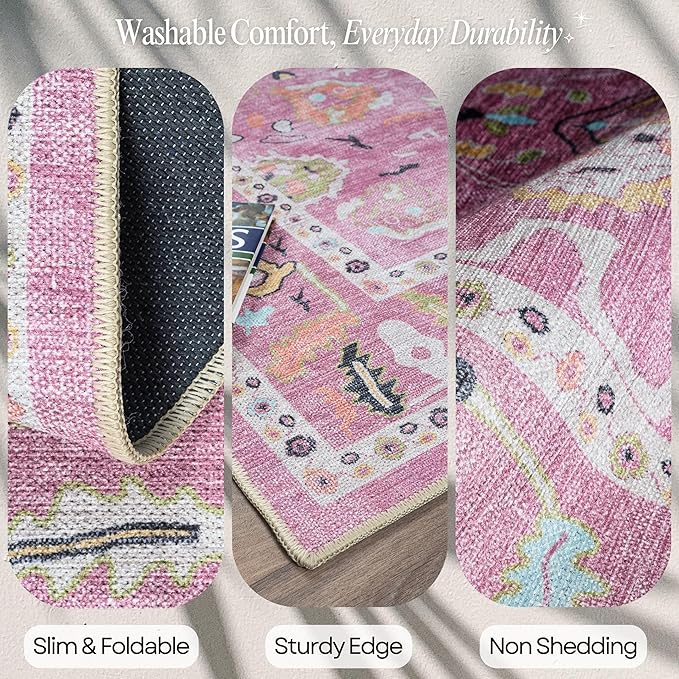Fame Rugs Pink Modern Oushak Rug 2x3, Vintage Doormat Turkish Colorful Oriental Antique Inspired Washable Small Area Rug, Luxury Living Room Bedroom (995PP, 2' x 3')