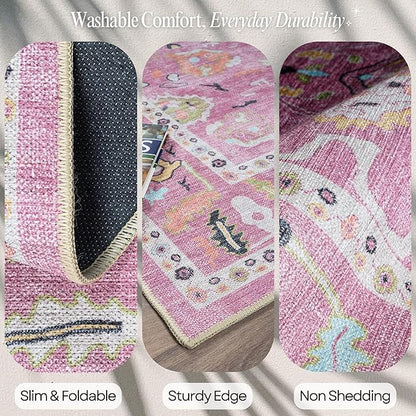 Fame Rugs Pink Modern Oushak Rug 2x3, Vintage Doormat Turkish Colorful Oriental Antique Inspired Washable Small Area Rug, Luxury Living Room Bedroom (995PP, 2' x 3')