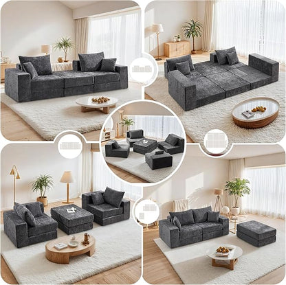 Boneless Sectional Loveseat Couch with Ottoman, Convertible Modular Floor Sleeper Sofa Bed, Comfy Foldable Compression Love Seat Sofa for Living Room, No Assembly, Dark Grey