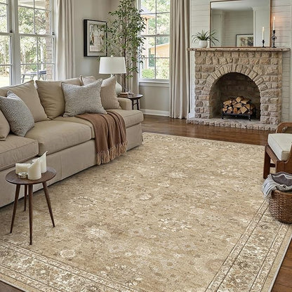 8x10 Brown Area Rug Non Slip Large Vintage Living Room Distressed Machine Washable Retro Carpet Indoor Bedroom Traditional Floral Accent Throw Rug for Office Kitchen Dorm Dining Room
