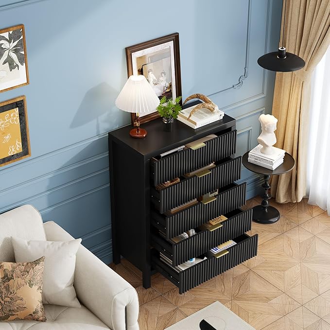 43" 5 Drawer Dresser Tall Dresser Organizer TV Drawer Cabinet Modern Wood Storage Cabinet, Modern Wood Storage Cabinet for Bedroom, Hallway, Entryway, Black
