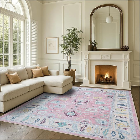 Fame Rugs Pink Modern Oushak Rug 9x12, Vintage Turkish Colorful Oriental Washable Antique Inspired Oversize Area Rugs, Luxury Living Room Bedroom (385PB, 9' x 12)