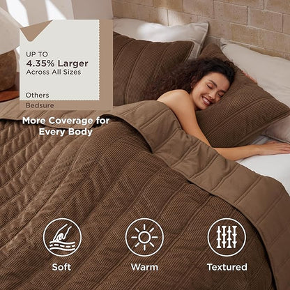 Bedsure Luxury Velvet Quilt King Size - Lightweight Velvet Brown Fluffy Comforter Set, Oversized Corduroy Bedspread Coverlet Winter Bedding Set, Pet-Friendly, Tear-Resistant, Ultra-Soft, 106"x96"
