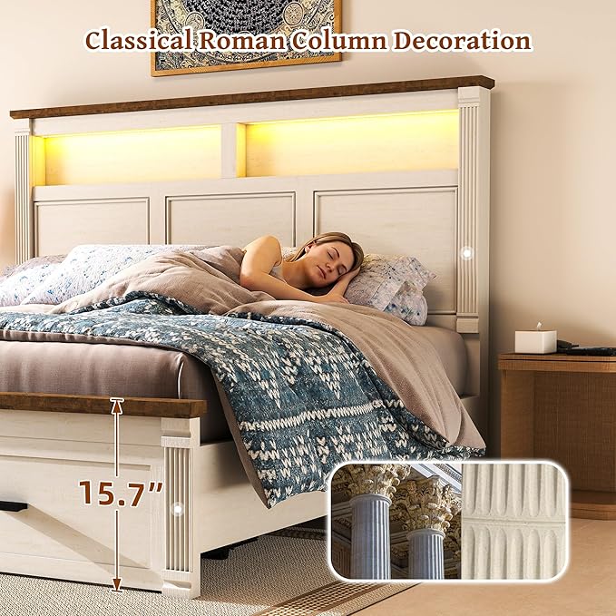 Queen Size Bed Frame with 53" Tall Headboard, Farmhouse Platform Bed Frame with Roman Column Decoration Footboard & 2 Storage Drawers, LED Built in Charging Station, No Box Spring Needed（Rust White)