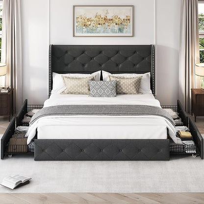 LARMACE Full Size Bed Frame with 4 Storage Drawers and Wingback Headboard Linen Upholstered Platform Bed Frame Tufted Beds with Wooden Slats Support, Easy Assembly, Dark Grey
