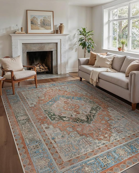 GENIMO 6X9 Area Rugs for Living Room, Machine Washable Vintage Floor Cover Foldable Modern Non Slip Rug, Low Pile Soft Indoor Carpet Floral Print Mat Rug,Bedroom/Dining Room/Office,Multi-Terracotta