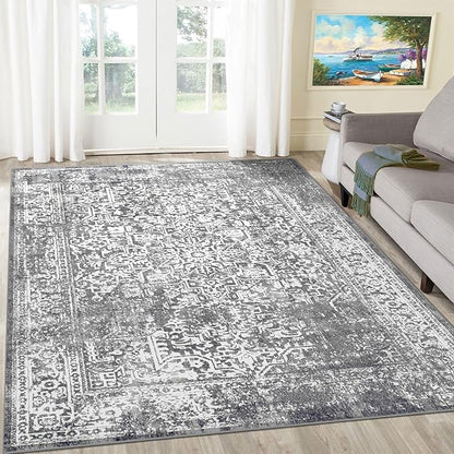 vivorug 9x12 Area Rugs, Stain Resistant Washable Rug for Living Room, Vintage-Inspired Grey Rug