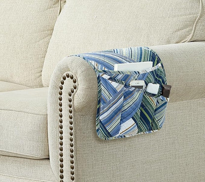 Brilliant Sunshine Teal Herringbone Patchwork Couch Armrest 5 Pockets Organizer, Slip Resistant Armchair Caddy, Washable Remote Controls Holder, Storage for Magazine, Tablet, Phone, iPad, Glasses,Teal