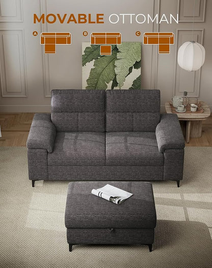 71.25" L Shaped Sectional Couches for Living Room, Deep Seat Sofa with Storage Ottoman & 8”Cushion, Comfy 2-Seater Chenille Loveseat, Convertible Armrest, Removable Cover for Small Space(Dark Gray)