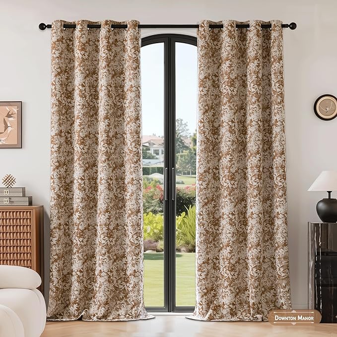 Beauoop Brown Floral Jacquard Blackout Curtains 63 Inches Long 2 Panels for Bedroom Living Room Chenille Flower Room Darkening Thermal Insulated Soundproof Grommet Window Treatments Drapes, 52x63